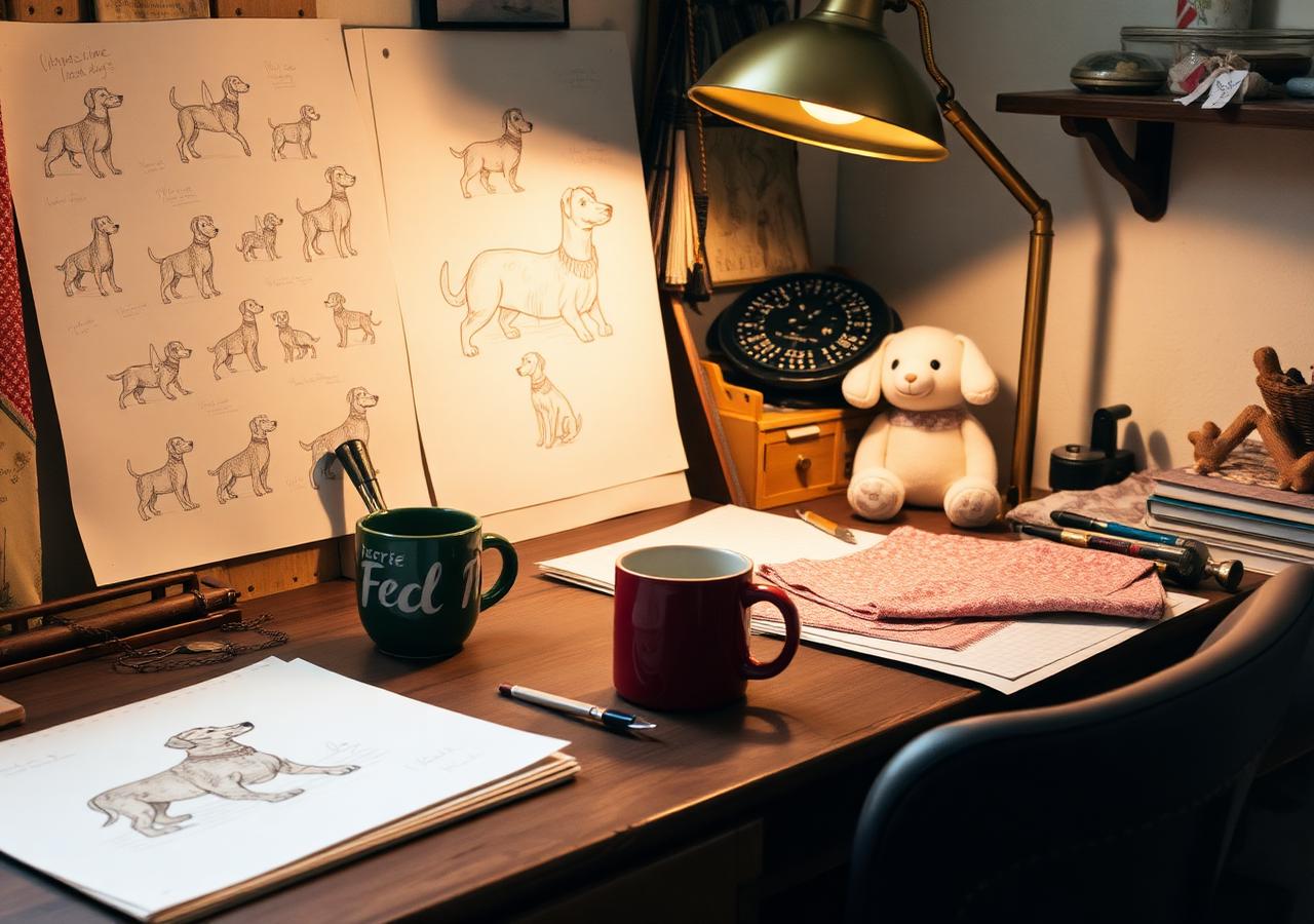 A cozy creative workshop with sketches of dogs, fabric, and a half-finished plushie