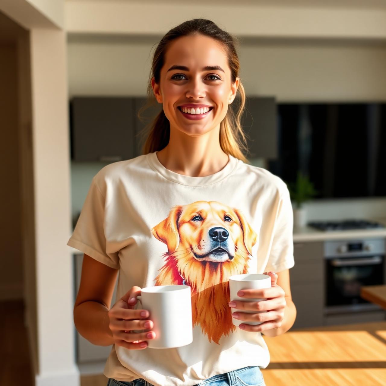 Person wearing a custom watercolor pet portrait shirt