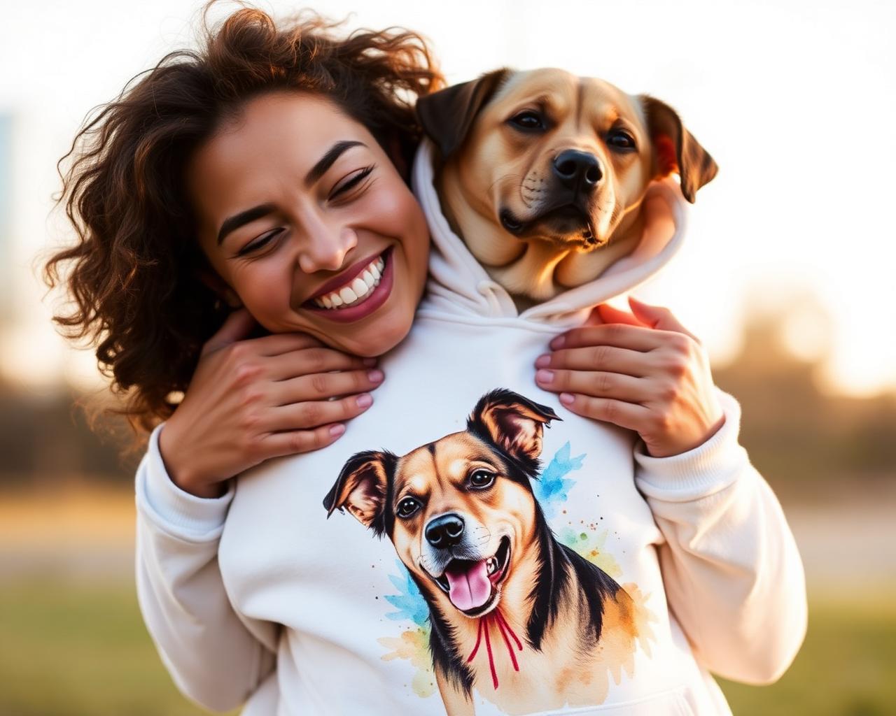 Person hugging their dog while wearing a custom hoodie