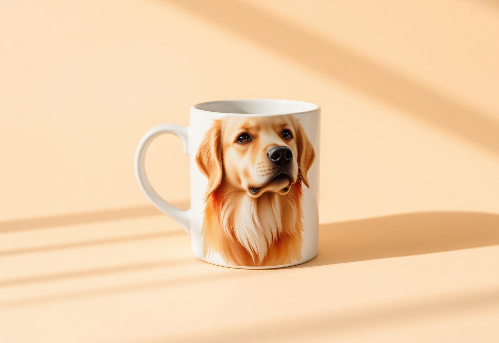 Custom ceramic mug featuring watercolor portrait of a golden retriever