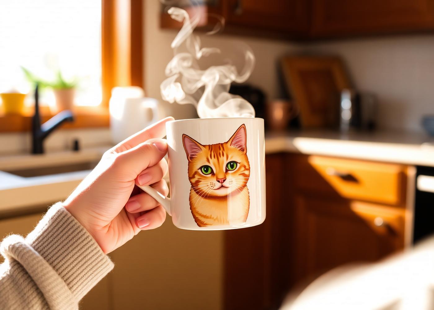 A pet parent enjoying coffee from their custom cat mug in a sunlit kitchen