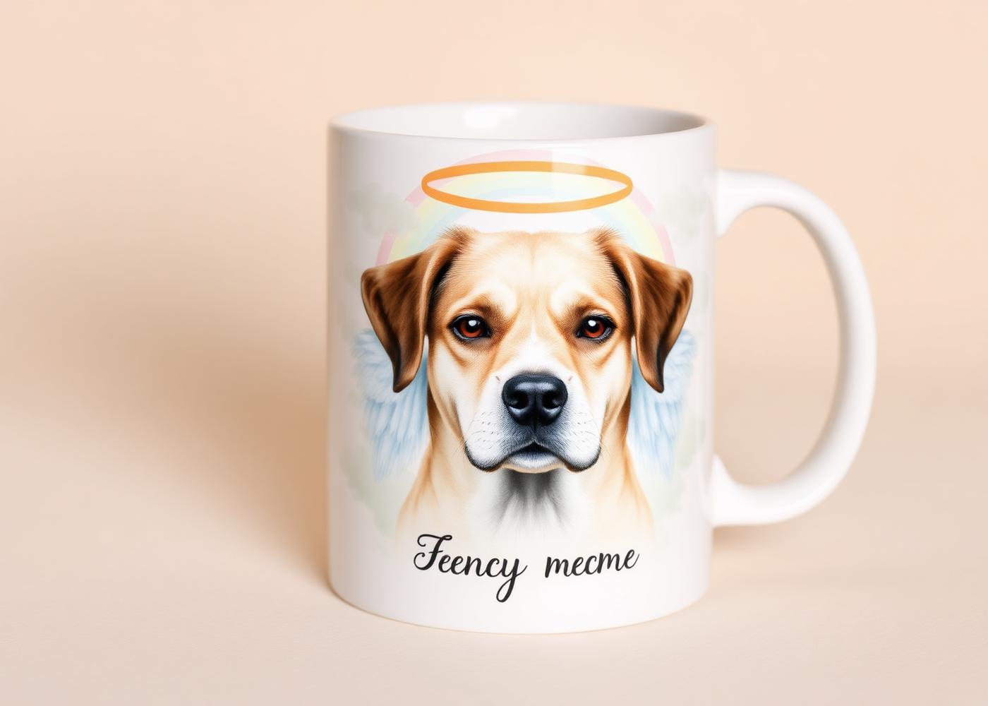 An angelic memorial mug featuring a senior dog with wings and a halo