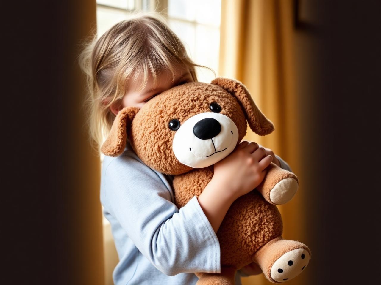 A child holding a custom plushie made in memory of a beloved pet
