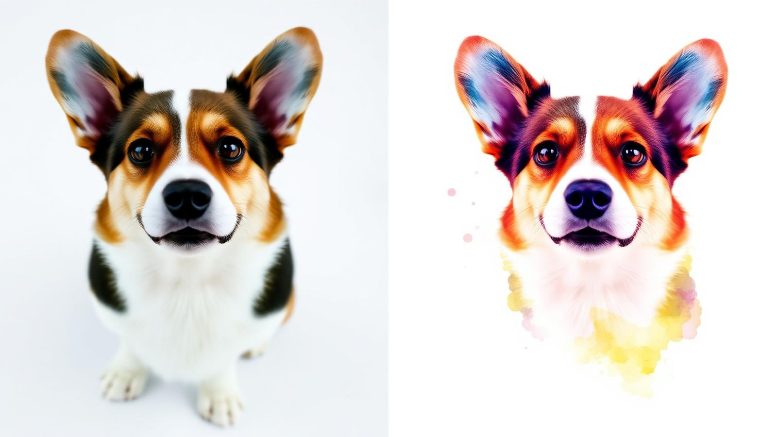 Before and after: real pet photo transformed into AI watercolor portrait