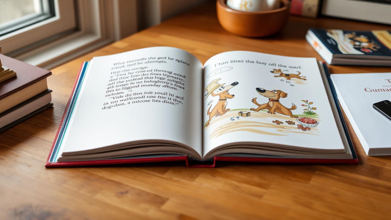 Printed open hardcover pet storybook on a desk